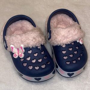 Kids Navy Blue and Pink Heart Clogs